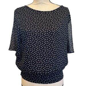 Ann Taylor Factory Navy Blue and White Polka Dot Blouse Top Medium